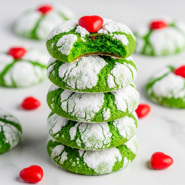 A stack of five green cookies is shown on a white marbled surface, each cookie round and covered with a thick layer of white powdered sugar that creates a cracked, textured look. The top cookie has a bite taken out of it, revealing a soft, bright green inside, and a small, red heart-shaped candy rests on its top surface. More red heart candies are scattered around the base of the stack. The cookies look soft and slightly crumbly with uneven white patches of sugar over their vibrant green color. photo taken with an iphone --ar 4:5 --v 7