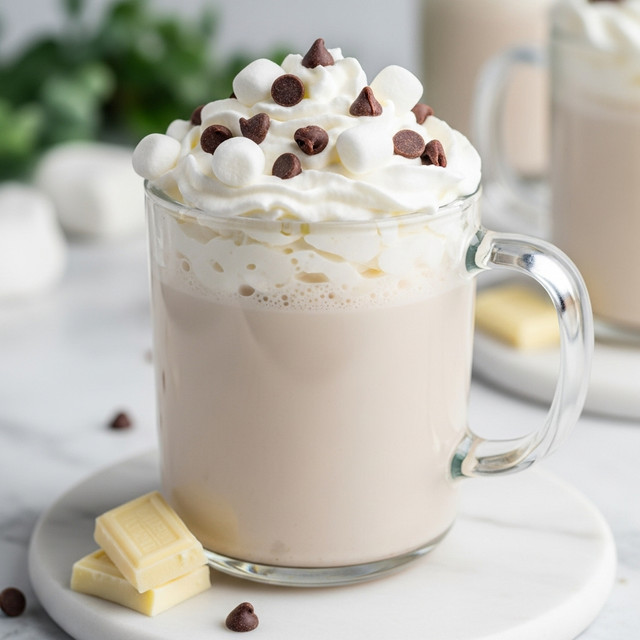 A clear glass mug filled with a creamy, light beige drink topped with a thick layer of fluffy white whipped cream. Scattered on top are small white marshmallows and dark brown chocolate chips, adding contrast and texture. The mug is placed on a white marbled surface with a small piece of white chocolate resting by its base. In the blurred background, there are hints of green foliage and another similar drink, giving a cozy and festive feel. photo taken with an iphone --ar 4:5 --v 7