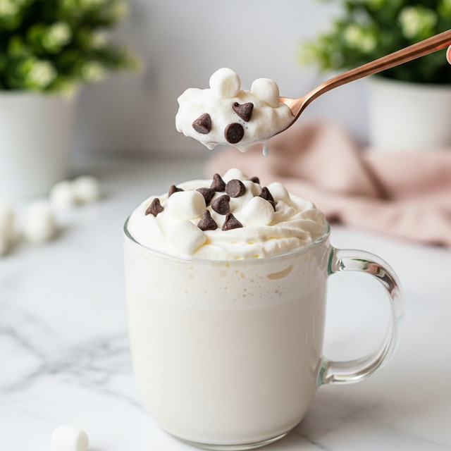 The image shows a clear glass mug filled with a thick, creamy white drink, topped with a layer of fluffy whipped cream. On top of the whipped cream, there are small white marshmallows and dark chocolate chips scattered around. A copper spoon is lifted above the mug, holding a scoop of the frothy whipped cream with a few chocolate chips and marshmallows sticking to it. The background has a soft white marbled texture, with blurry green plants and soft pink fabric in the distance. Photo taken with an iphone --ar 4:5 --v 7