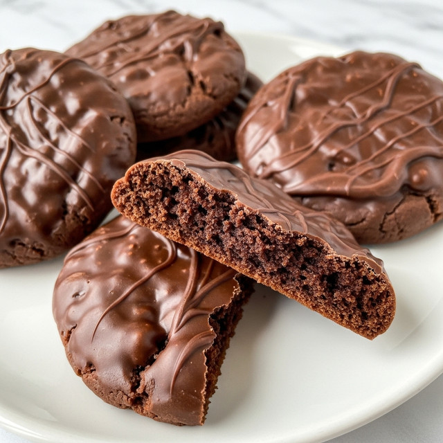 Several round chocolate cookies with a shiny, slightly wrinkled chocolate coating cover the top and sides, placed on a white plate. One cookie is broken in half, showing a dense, crumbly, dark brown interior texture. The cookies are stacked slightly, with a close-up focus on the broken cookie piece in the center. The background is a white marbled texture. photo taken with an iphone --ar 4:5 --v 7