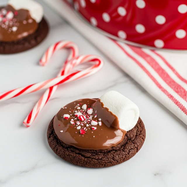 A single chocolate cookie lies flat on a white marbled surface, topped with a layer of melted milk chocolate that covers just over half the cookie’s top, and a large white marshmallow partially melted into the chocolate on one side. Small pieces of crushed peppermint candy are sprinkled on top of the milk chocolate, adding red and white specks. In the background, part of a red and white polka dot container filled with more cookies is visible, along with two red and white striped candy canes laying on the white marbled surface next to a red and white striped kitchen towel. photo taken with an iphone --ar 4:5 --v 7