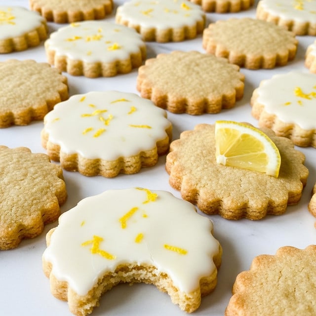 The image shows many round, scalloped-edge cookies arranged closely together on a white marbled surface. Some cookies have a smooth white icing layer on top, decorated with small yellow zest flakes, giving a soft and glossy texture. Underneath and around the iced cookies are plain golden-brown cookies with a matte, slightly crumbly look. One plain cookie has a small quarter-slice of bright yellow lemon on it. One iced cookie in the front has a bite taken out, showing the light and crumbly interior. The overall scene invites a fresh citrus flavor and a mix of smooth and crumbly textures. photo taken with an iphone --ar 4:5 --v 7