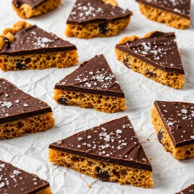 The image shows broken pieces of a crunchy bark-like treat scattered on crinkled white paper over a white marbled surface. Each piece has two visible layers: a bottom layer of golden brown, porous, and airy toffee with small dark spots, and a smooth, glossy dark chocolate layer on top. The chocolate layer is sprinkled lightly with coarse sea salt flakes. The pieces vary in size and shape, some triangular and others irregular, with rough edges where they broke apart. photo taken with an iphone --ar 4:5 --v 7