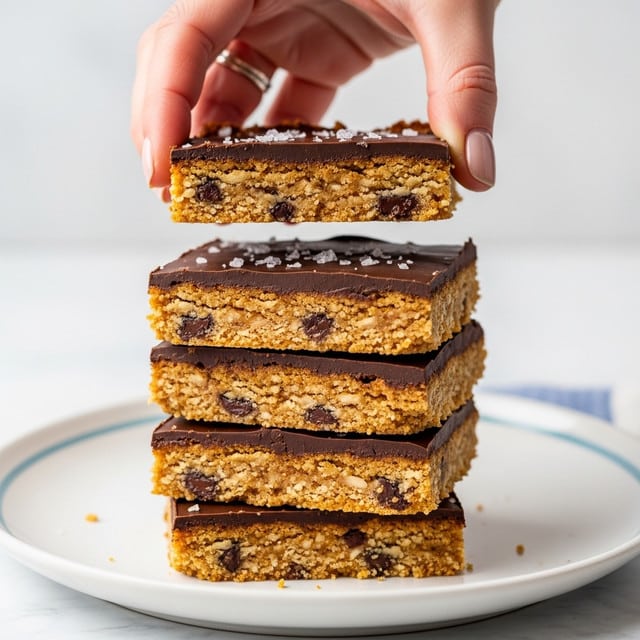 A stack of five rectangular crispy bars with a golden-brown base layer, topped by a smooth, dark chocolate layer sprinkled with small flakes of sea salt. The bars are thick, showing a crunchy, crumbly interior with bits of chocolate chips. A woman's hand with nail polish is holding the top bar, lifting it slightly to display the texture inside. The bars rest on a white plate with a subtle blue edge, placed on a white marbled surface. Photo taken with an iphone --ar 4:5 --v 7