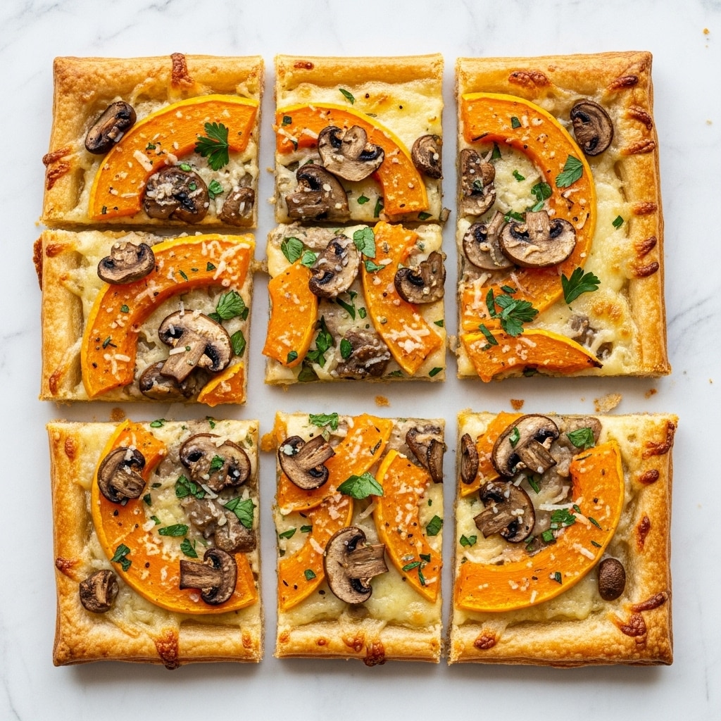 The image shows a rectangular flatbread cut into square pieces on a white marbled surface. The flatbread has one layer of golden-brown crust topped with a layer of melted light cheese. On top, there are scattered slices of roasted orange butternut squash and browned small mushroom pieces. Some green herbs are sprinkled over the top along with a few bits of grated cheese for texture. The flatbread looks crispy on the edges with a soft, cheesy topping full of warm autumn colors. photo taken with an iphone --ar 4:5 --v 7