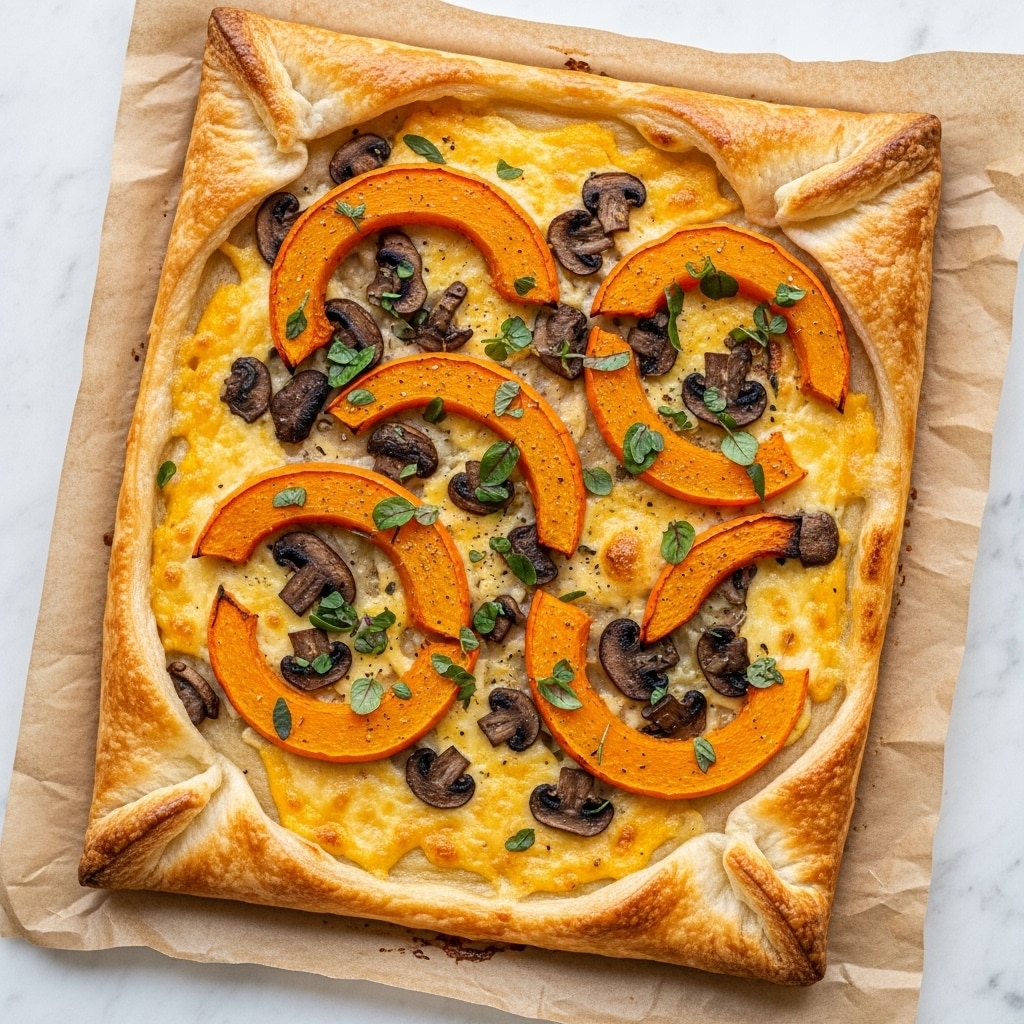 A rectangular pizza with a thick, golden brown crust that looks flaky and puffed around the edges, topped with a melted layer of light orange cheese. Spread evenly on the cheese are roasted orange pumpkin slices, each with a soft texture and slightly browned edges, mixed with small, dark brown cooked mushroom pieces that have a tender, moist look. Tiny green herb leaves are scattered on top for color contrast. The pizza sits on a sheet of browned parchment paper, resting on a white marbled surface. photo taken with an iphone --ar 4:5 --v 7