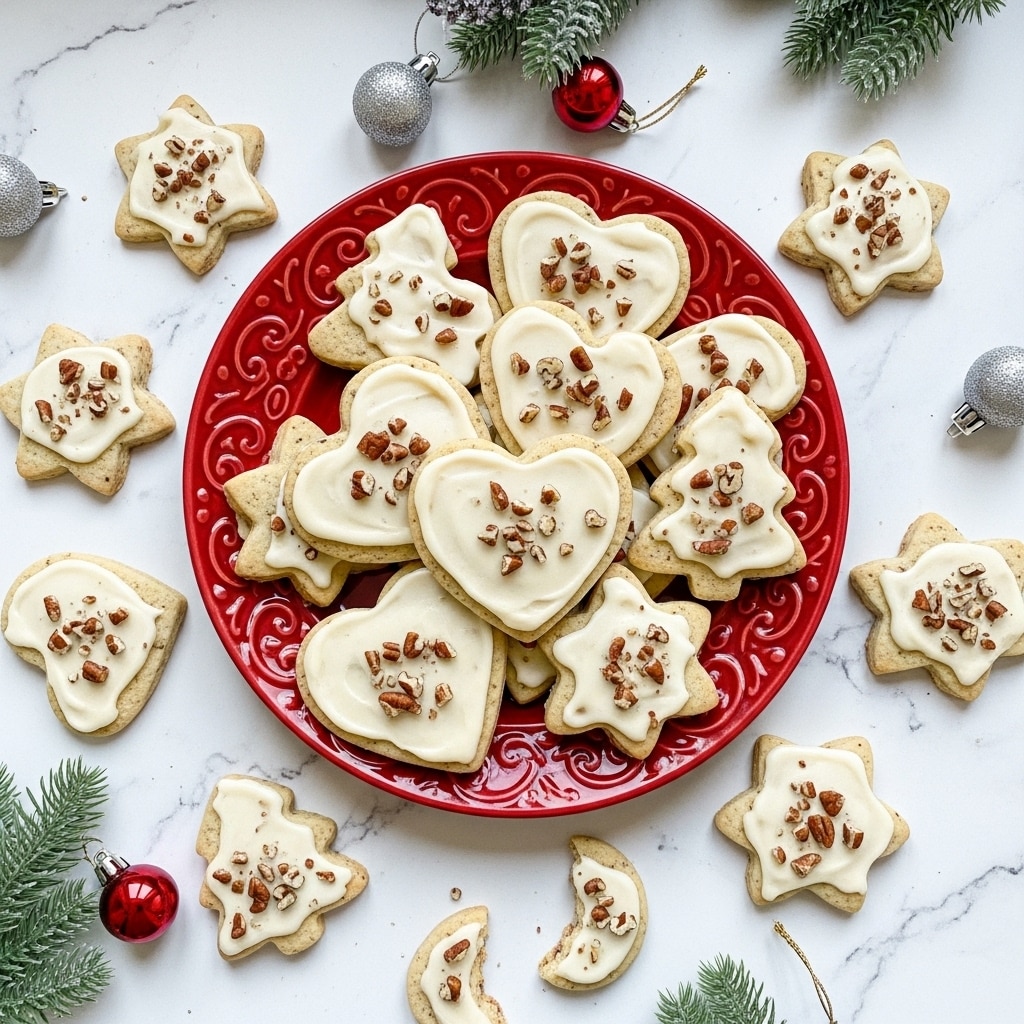 A red decorative plate holds a pile of frosted sugar cookies shaped like hearts, Christmas trees, and stars, each cookie topped with a smooth layer of off-white frosting and sprinkled with small pieces of chopped nuts. The cookies have a light tan color with small dark specks inside the dough. Around the plate, more cookies are scattered on a white marbled textured surface, some whole and some broken, with parts of frost visible. Small Christmas decorations and green pine sprigs accent the scene. photo taken with an iphone --ar 4:5 --v 7