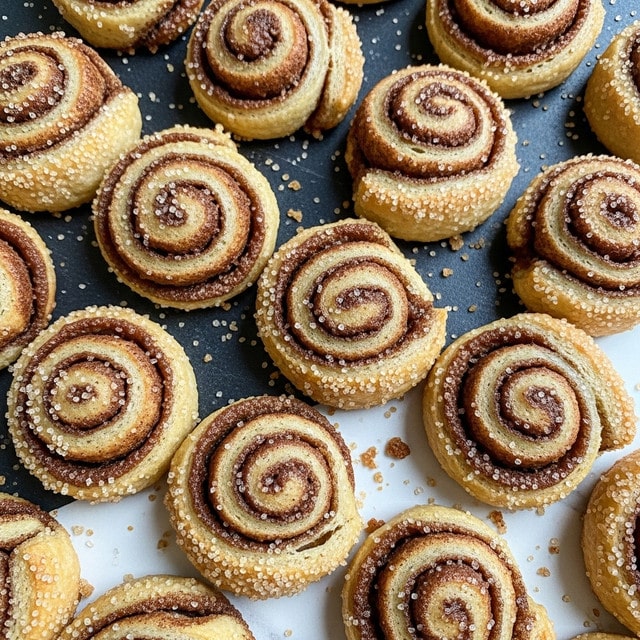 The image shows many small cinnamon roll pastries arranged closely together on a dark textured surface that is now a white marbled texture. Each pastry is made of two main layers: a golden, baked outer layer that is crispy and flaky, and a rich brown cinnamon filling spiraled tightly inside. The edges of the rolls are coated with granulated sugar, adding a sparkly, grainy texture visible in the light. The pastries are unevenly shaped with small crumbs scattered between them, giving a fresh baked look. photo taken with an iphone --ar 4:5 --v 7