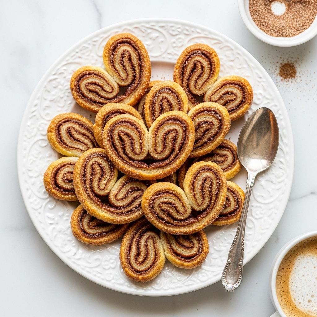 A white plate with detailed floral patterns holds a pile of cinnamon-sugar puff pastry palmiers, each shaped like a curled heart with visible layers of crunchy golden-brown pastry and cinnamon filling. The pastries have a light dusting of sugar crystals and cinnamon, giving a slightly textured look. A silver spoon rests on the right side of the plate. The background is a white marbled surface. Near the plate, there is a small bowl containing cinnamon sugar mixture and a cup filled with light brown coffee foam visible at the edge. photo taken with an iphone --ar 4:5 --v 7
