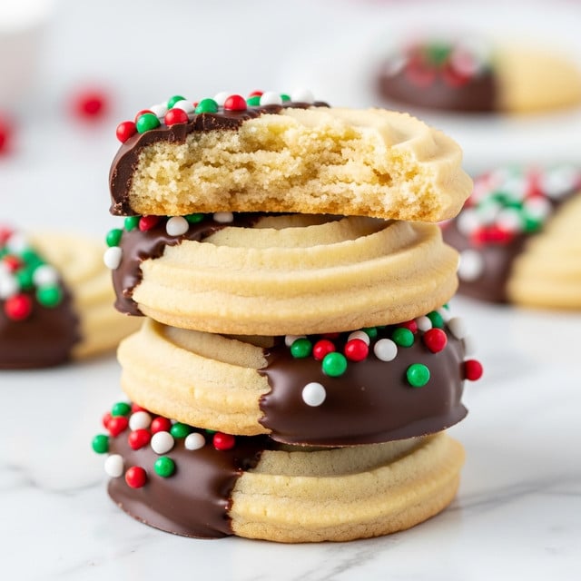 A stack of four shortbread cookies is shown on a white marbled surface; each cookie is pale golden with a ridged swirl pattern on top. The bottom three cookies are partially dipped in dark chocolate on one side, with smooth and shiny texture, while the top cookie is broken in half revealing a crumbly, soft inside. The broken cookie also has red, green, and white round sprinkles scattered on its chocolate-dipped edge. The background is softly blurred, mainly white with hints of soft pink and red colors. photo taken with an iphone --ar 4:5 --v 7
