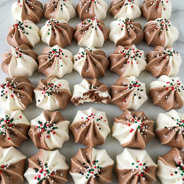 The image shows many small meringue cookies arranged closely together on a white marbled surface. Each cookie has a swirled, flower-like shape with two colors mixed in: a light cream and a darker brown streak. The meringues have a smooth, glossy texture with a crisp appearance. Some of the meringues are topped with tiny, round sprinkles in red, green, white, and black, adding a festive look. One meringue is broken open in the middle of the image, revealing a soft and airy inside. The arrangement is dense and even, filling the entire frame. photo taken with an iphone --ar 4:5 --v 7