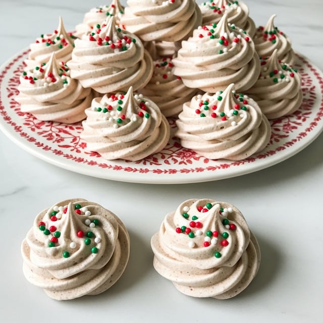 A pile of small, swirled meringue cookies sits on a round white plate with red floral patterns. Each meringue has a creamy beige color with light brown swirls, giving a soft textured look. They are topped with tiny red, green, and white round sprinkles that add a festive touch. Two meringue cookies are placed on a white marbled surface next to the plate, showing the delicate ruffled edges and airy texture clearly. The overall scene feels bright and inviting. photo taken with an iphone --ar 4:5 --v 7