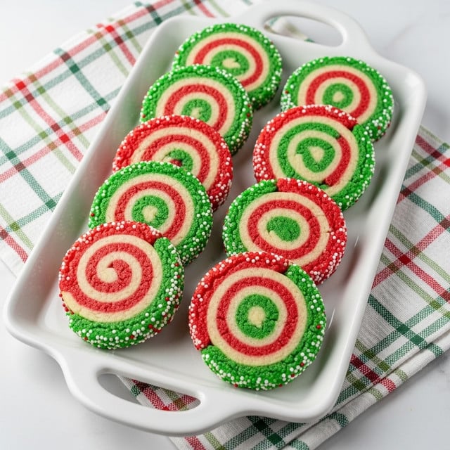 The image shows a close-up of a round cookie with a spiral pattern of two layers: a bright green layer and a bright red layer, swirled evenly from the center to the edges. The edge of the cookie is decorated with small round sprinkles in red, green, and white colors, creating a festive border. The cookie is placed on a white plate with simple textured edges, and the background is a white marbled surface. The colors are vivid and the texture of the cookie looks soft and slightly crumbly. Photo taken with an iphone --ar 4:5 --v 7
