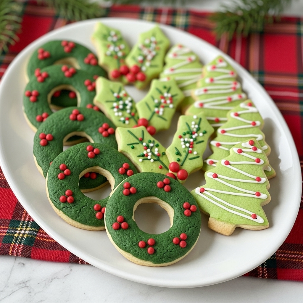 A white oval plate is filled with several cookies shaped like Christmas wreaths, holly leaves, and Christmas trees. The wreath-shaped cookies are dark green with small red berry-like dots arranged on top. The holly leaf cookies are light green with tiny red, white, and green round sprinkles scattered over them. The Christmas tree cookies are light green with thin lines and small red dots for decoration. The plate sits on a red and black plaid cloth with some green pine branches blurred in the background, all on a white marbled surface. photo taken with an iphone --ar 4:5 --v 7
