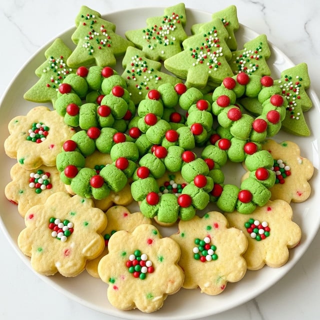 A white plate filled with three types of Christmas cookies stacked lightly on a white marbled surface. On the bottom, there are pale yellow flower-shaped cookies with small round multicolor sprinkles in red, green, and white. On top of and mixed with these are bright green wreath-shaped cookies made of small round dough balls, each decorated with shiny red candy dots around the circle. To the side, there are also light green Christmas tree-shaped cookies decorated with tiny red, white, and green sprinkles scattered on them. The cookies have a soft texture with detailed shapes and festive colors. Photo taken with an iphone --ar 4:5 --v 7
