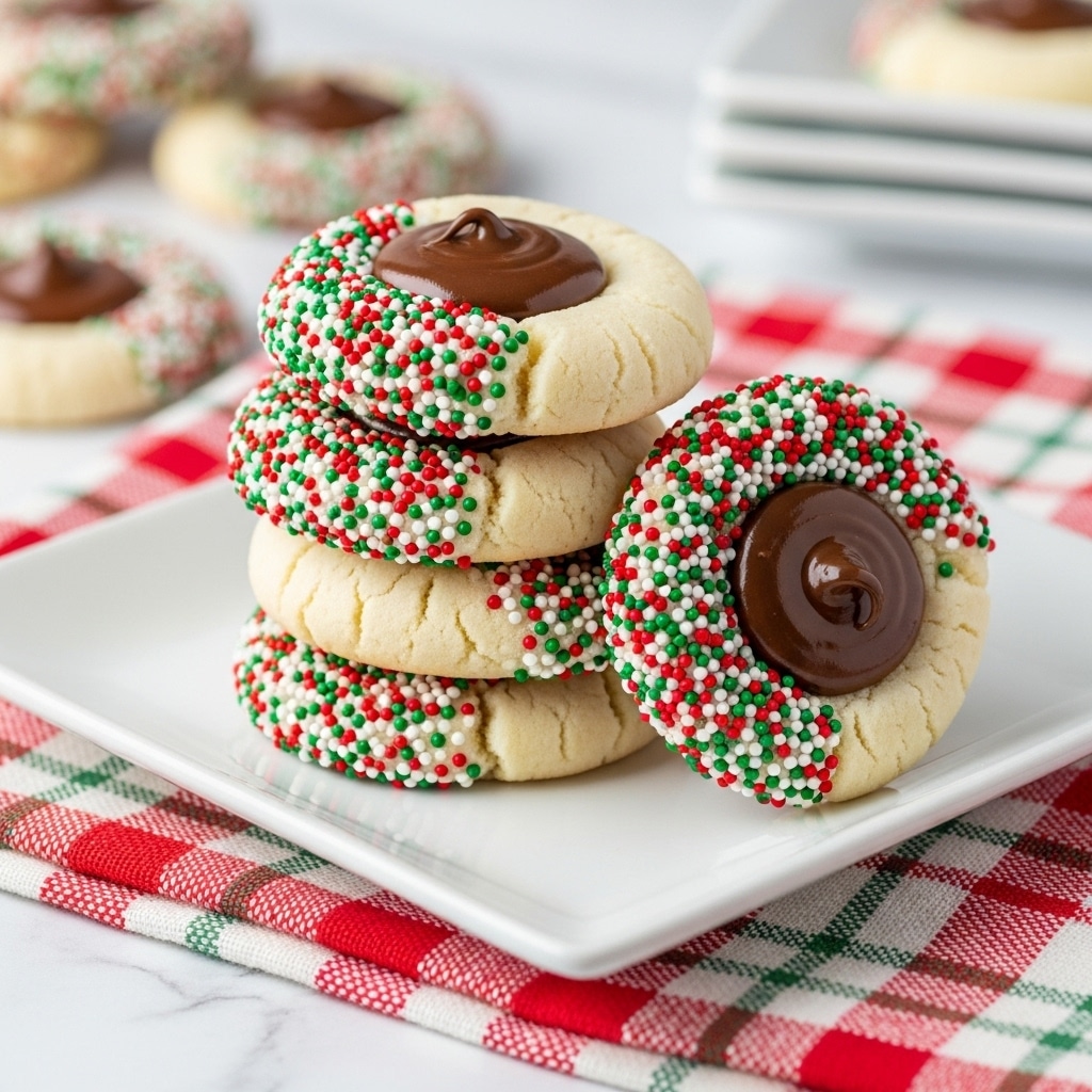 A stack of four round cookies sits on a white square plate, each cookie covered on the edges with red, green, and white sprinkles. The cookies have a light beige color with a soft texture, and each features a small mound of glossy dark chocolate in the center, appearing smooth and creamy. The plate rests on a red, green, and white checkered cloth over a white marbled surface. Behind the plate, more cookies and some stacked white plates are slightly blurred in the background. photo taken with an iphone --ar 4:5 --v 7