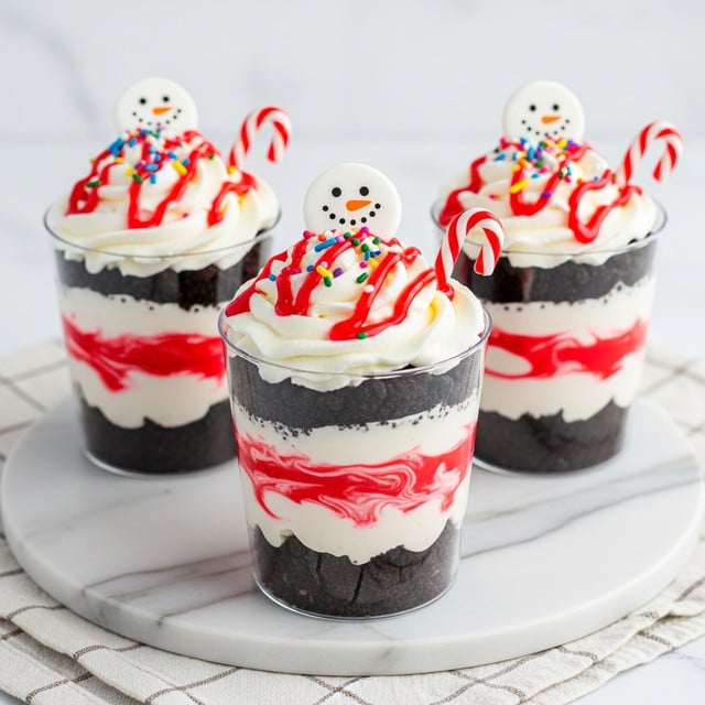 Three clear cups hold a layered dessert placed on a white marbled surface with a light beige checkered cloth underneath. Each cup has three layers: the bottom layer is dark brown, crumbly crushed cookies; the middle layer is creamy white mixed with bright red swirls creating a marbled effect; the top layer is white whipped cream with red syrup drizzled over it, topped with colorful sprinkles. On the top edge of each cup, there is a small white round decoration with a snowman face and a red and white striped candy cane sticking out from the whipped cream. Photo taken with an iphone --ar 4:5 --v 7