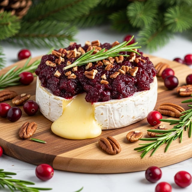 A round wheel of baked brie cheese sits on a wooden board, with its soft, melted yellow interior oozing slightly out the side. The top of the brie is covered with a thick, chunky dark red cranberry sauce layer, sprinkled with small, chopped brown pecans and decorated with green rosemary sprigs. Around the board, there are scattered whole cranberries, pecans, and more rosemary sprigs. In the background, green pine branches provide a festive, natural backdrop. The overall look is rustic and inviting, set on a white marbled texture. photo taken with an iphone --ar 4:5 --v 7