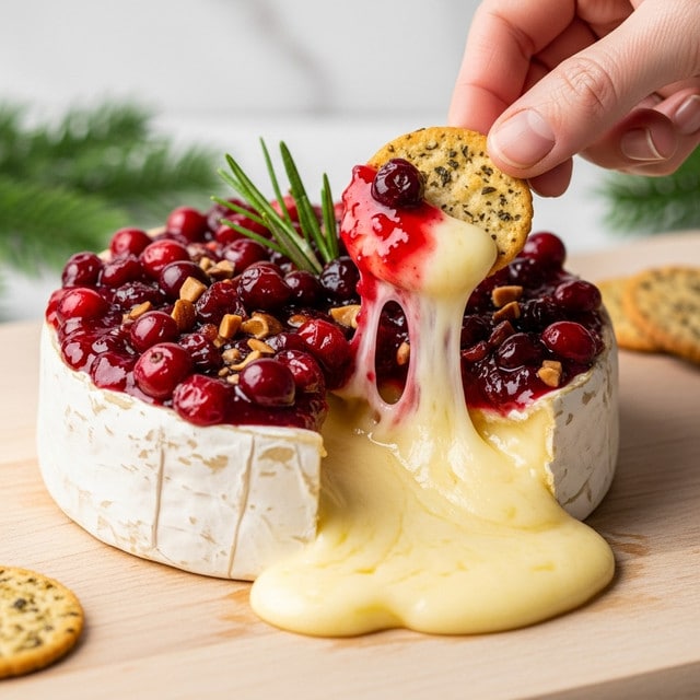 A close-up of a round baked cheese wheel with its outer white rind cracked open, showing gooey, melted pale yellow cheese oozing out and spreading over a light wooden board. The top of the cheese is thickly covered with a bright red cranberry sauce mixed with whole cranberries and small brown nut pieces, garnished with a sprig of green rosemary. A woman's hand is dipping a small round herb-seasoned cracker into the melted cheese, coated partially with cranberry sauce. The background is a white marbled texture with green pine needles adding a festive touch. Photo taken with an iphone --ar 4:5 --v 7
