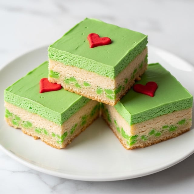 The image shows three square pieces of a dessert stacked on a white plate. Each piece has two visible layers: a bottom light beige layer with small green spots, giving a speckled texture, and a smooth, bright green top layer evenly spread. On the center of each green top layer, there is a small red frosting heart decoration. The plate is on a white marbled surface. photo taken with an iphone --ar 4:5 --v 7