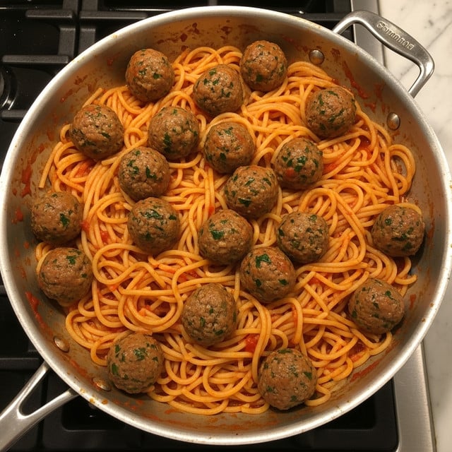A large silver frying pan filled with spaghetti and meatballs sits on a stovetop. The spaghetti noodles are coated in a bright red tomato sauce, with strands curling and overlapping throughout the pan. Scattered evenly on top of and mixed within the pasta are medium-sized round meatballs, browned and speckled with herbs. The pan's edges are slightly splattered with sauce, and the background shows a white marbled counter beside the stove. photo taken with an iphone --ar 4:5 --v 7