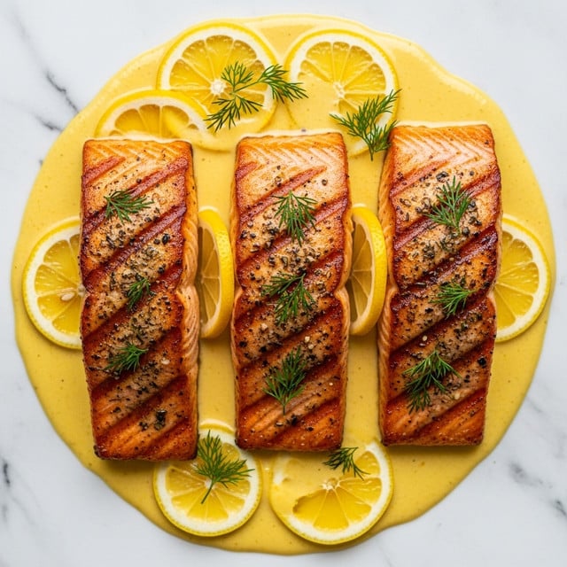 The image shows three thick salmon fillets cooked to a golden brown color, arranged side by side in a shallow layer of creamy yellow sauce. The salmon has a slightly crispy texture on top with visible grill marks and is sprinkled with fresh green dill. Thin lemon slices are placed under and around the fish, adding a bright yellow contrast to the dish. The sauce looks rich and smooth, pooling gently around the salmon fillets. The whole dish is on a white marbled textured surface. photo taken with an iphone --ar 4:5 --v 7