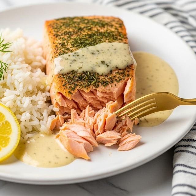 A close-up view of a cooked salmon fillet with a light brown, slightly crispy top layer sprinkled with green herb flakes, resting on a white plate with a smooth, creamy sauce spread over it. The layer beneath shows tender, pink salmon flesh breaking into flaky pieces as a gold and black fork presses down gently, revealing the soft texture inside. To the left of the salmon, there is a portion of white rice with soft individual grains, and part of a yellow lemon wedge is visible at the bottom left corner. The plate sits on a white marbled surface with a striped cloth nearby, creating a clean and simple setting. Photo taken with an iphone --ar 4:5 --v 7