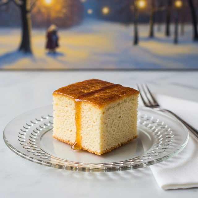 A single square piece of soft, light beige cake with a golden-brown top layer that has a slightly caramelized texture and a small drip of sticky sauce running down the middle, placed at the center of a clear glass plate with raised bubble-like patterns along the edge, resting on a white marbled surface with a white napkin and a silver fork beside it, a blurred winter scene painting in the background, giving a cozy and warm feeling. photo taken with an iphone --ar 4:5 --v 7