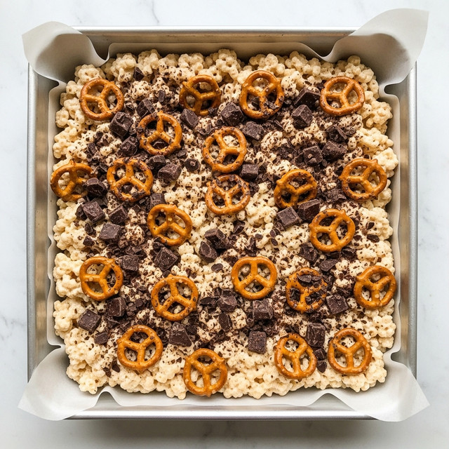 The image shows a square metal baking pan lined with parchment paper holding a layered snack treat. The base and bulk layer consists of light beige, fluffy, sticky marshmallow rice cereal clusters spread evenly across the pan. Mixed within and on top of this, light brown square pretzel pieces with holes add a crunchy texture. Scattered dark brown chunks of chocolate are spread throughout the top layer, creating contrast with the pale cereal and pretzels. The snack looks slightly glossy from the melted marshmallow binding and bits of crushed chocolate are sprinkled over the entire surface. The pan is placed on a white marbled texture. photo taken with an iphone --ar 4:5 --v 7