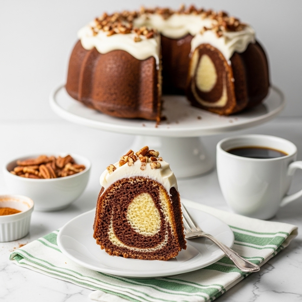 A slice of marble bundt cake with two swirled layers of light beige and brown sits on a small white plate, topped with a thick layer of white creamy frosting and a pile of chopped pecans. The slice is in front of a whole bundt cake on a white cake stand. Around it are a white cup of black coffee, a small white bowl filled with pecans, and a small cup with cinnamon. The scene is set on a white marbled surface with a green and white striped cloth under the plate. A silver fork rests beside the plate. Photo taken with an iphone --ar 4:5 --v 7
