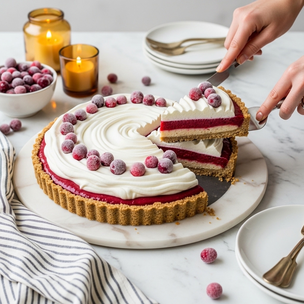 A tart with three visible layers sits on a round white marbled board: a crumbly light brown crust forming the base and edges, a deep red smooth filling in the middle, and a thick white whipped cream layer swirled gently on top. Scattered on the whipped cream are small, round, frosted red cranberries adding a festive touch. A woman's hand is cutting and lifting one wedge of the tart with a spatula. Around the tart are a bowl of frosted cranberries, two lit candles in amber holders, some stacked white plates, and a striped cloth on the white marbled surface. photo taken with an iphone --ar 4:5 --v 7