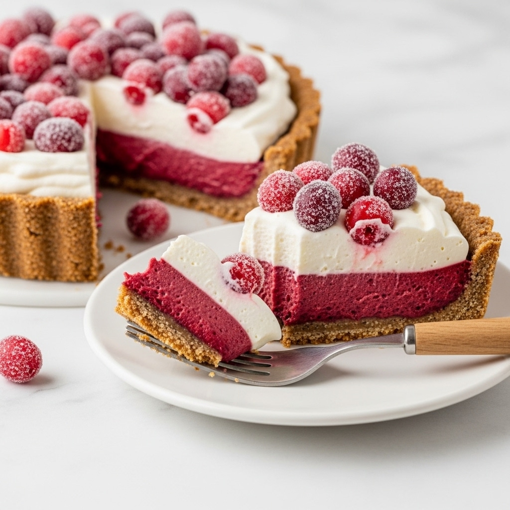 A slice of pie is shown on a white plate with a textured, crumbly brown crust forming the base and edges; the first layer inside is a thick, smooth, deep red filling, topped by a thick, fluffy white cream layer scattered with small, round, red berries covered lightly in sugar. A piece of the slice is cut and placed on a fork with a wooden handle, featuring the same three layers. The background and surface are white marbled texture. photo taken with an iphone --ar 4:5 --v 7