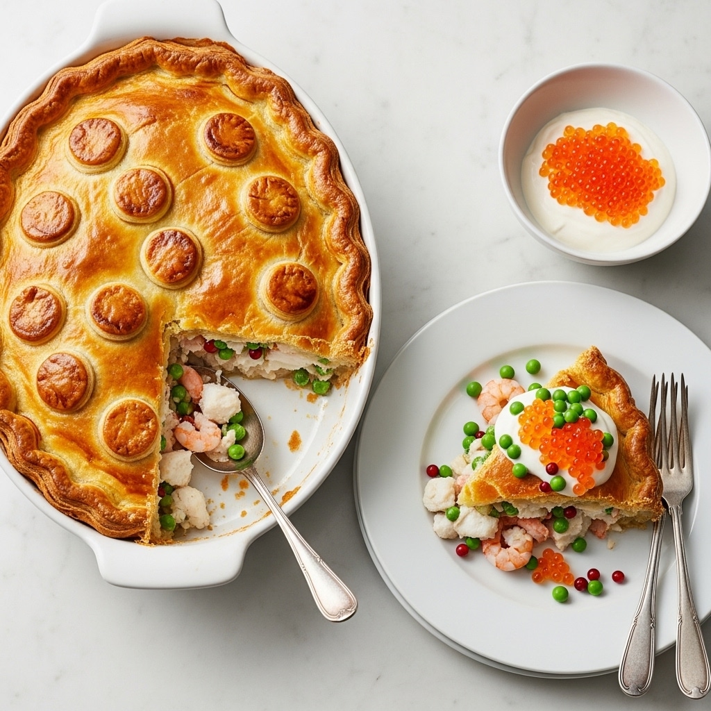 A white oval baking dish holds a golden brown pie with a thick, puffed crust decorated with round patterns on top, the crust edges are slightly darker and crisp. A portion is removed revealing a creamy filling with chunks of white fish, pink shrimp, and green vegetables like peas beneath the crust. A spoon rests inside the dish near the cut section. Nearby, a white plate carries a slice of the pie topped with cream and bright orange fish eggs, small green peas and red berries scattered. Next to the plate is a small white bowl filled with white cream topped with more orange fish eggs. The setting is on a white marbled surface with two silver forks placed beside the plates. photo taken with an iphone --ar 4:5 --v 7