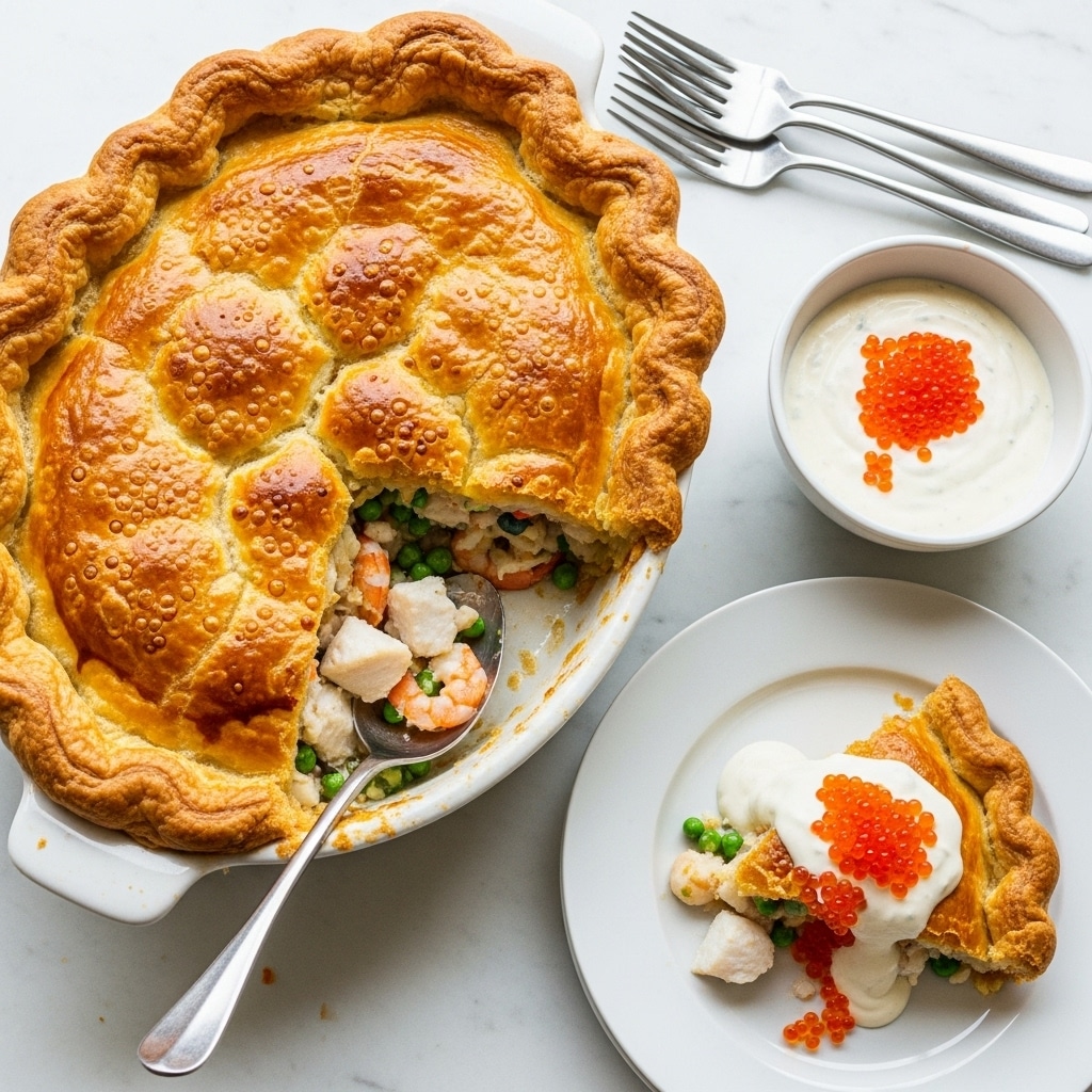 A white oval dish holds a golden brown baked pie with a puff pastry crust that is thick and puffy around the edges with a slightly shiny, uneven top textured with small baked bubbles and crisp patches. A portion is missing from the dish, revealing a creamy filling mixed with chunks of white fish, pieces of shrimp, and bits of vegetables like green peas, showing a soft, cozy inside. A silver spoon rests inside the dish, scooping some filling. Next to the main dish, a smaller white plate holds a slice of the pie topped with a dollop of white creamy sauce and bright orange fish eggs. Another small white bowl contains more creamy sauce with fish eggs on top. Three forks lay nearby on a white marbled surface. Photo taken with an iphone --ar 4:5 --v 7