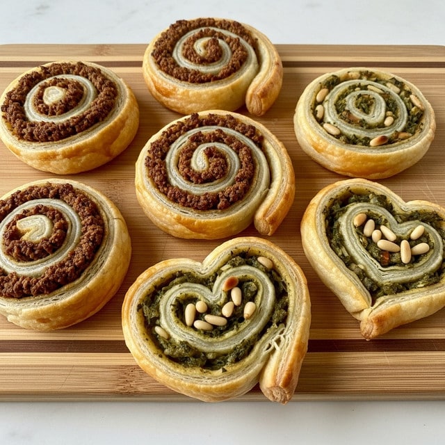 The image shows seven small spiral pastries arranged on a light wooden board with thin dark lines. Each pastry has a golden-brown, flaky outer layer of puff pastry, with multiple thin, crisp layers visible. The center of each pastry is filled with two kinds of mixtures—some with a dark brown, finely textured filling, and others with a greenish mixture containing visible pine nuts and small bits of vegetables or herbs. The pastries vary slightly in shape, with some more round and others more oval or heart-shaped. The whole setting is on a smooth white marbled surface. photo taken with an iphone --ar 4:5 --v 7