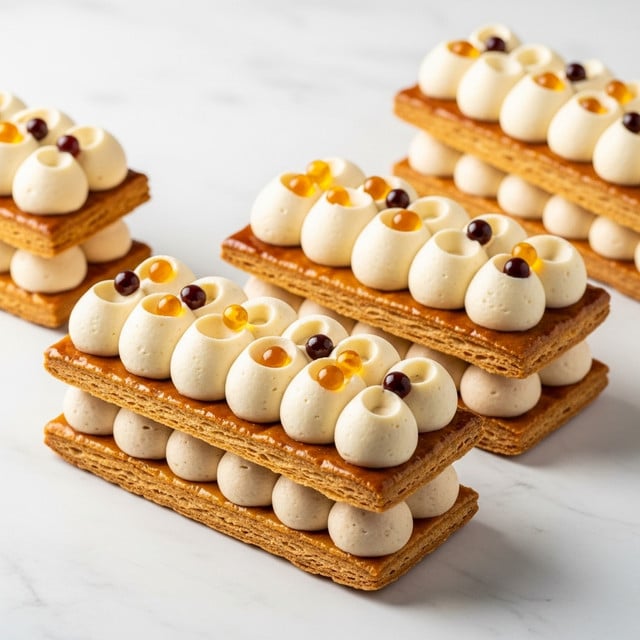 Three rectangular mille-feuille pastries are arranged on a white marbled surface, each consisting of three layers: a base layer of golden-brown flaky puff pastry, a middle layer of creamy beige filling piped in small dollops, and a top layer of puff pastry covered with large swirls of pale cream. The cream swirls are decorated with small, glossy, amber and dark brown jelly-like beads scattered evenly across the surface. The textures show a crisp and flaky pastry contrasted with the smooth and soft cream. Photo taken with an iphone --ar 4:5 --v 7