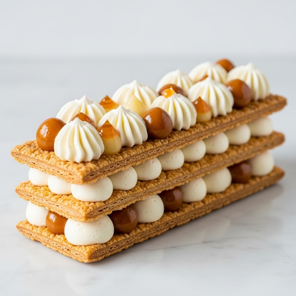 The dessert is a rectangular layered pastry with three layers: the bottom and top layers are thin, flaky, golden-brown puff pastry, with a rough and crispy texture. The middle layer is made of smooth, creamy white filling piped in small dollops spread evenly along the length. On top of the puff pastry, large swirls of thick, white cream are placed, each swirl decorated with small, round amber-colored drops and a few glossy brown spheres. The pastry sits on a white marbled surface with soft natural light in the background. photo taken with an iphone --ar 4:5 --v 7