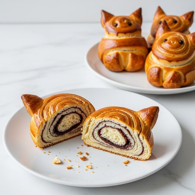 Three golden brown pastries with a crispy shiny crust shaped like small animals sit on a white plate on the right side. On the left, a white plate holds one whole pastry and one pastry cut in half showing soft, fluffy, light beige layers of dough spiraled around a dark brown chocolate filling inside. Small crumbs scatter around the cut pastry. The scene is on a white marbled surface. Photo taken with an iphone --ar 4:5 --v 7