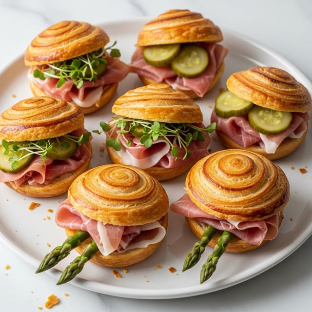 A white plate with seven small round sandwiches made from golden brown puff pastry buns, each with distinct layers inside. The buns have a slightly crispy, flaky texture with visible swirls on top. Inside, there are thin slices of pink prosciutto arranged in soft folds, some topped with green microgreens. Two sandwiches have sliced green pickles on top of the prosciutto, and one sandwich includes three green asparagus tips sticking out from under the bun. The sandwiches are placed on a white marbled surface with some crumbs scattered around. Photo taken with an iphone --ar 4:5 --v 7