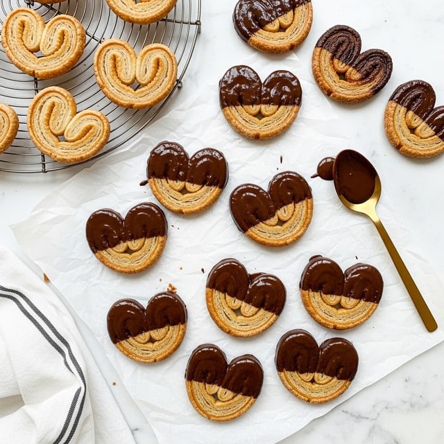 The image shows many heart-shaped, golden brown palmiers placed on white parchment paper over a white marbled surface. About half of the palmiers are dipped halfway in shiny, dark chocolate, giving a smooth texture to one side while the other side reveals the flaky, caramelized layers of the biscuit. A gold spoon with melted chocolate rests on the parchment paper. In the top left corner, more plain palmiers cool on a round wire rack. A white cloth with black stripes is partially visible at the bottom left of the image. Photo taken with an iphone --ar 4:5 --v 7