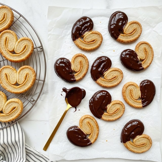The image shows multiple heart-shaped palmiers cookies with a golden brown, crispy, layered texture. Some cookies are plain, while others are half dipped in dark, smooth chocolate, covering one side with a shiny finish. The cookies lie scattered on a sheet of white parchment paper placed on a white marbled texture surface. A gold spoon coated with chocolate rests on the paper among the cookies. To the left, more plain cookies sit on a round cooling rack, and a striped cloth is partially visible at the bottom left corner. photo taken with an iphone --ar 4:5 --v 7