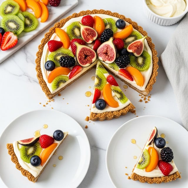 A fruit tart is shown with a crumbly golden brown crust forming the bottom layer. Above the crust, there is a smooth, creamy white filling spread evenly. The top layer is decorated with slices of fresh fruit including green kiwi, orange apricot, red strawberries, purple-black blackberries, and halved figs showing their pink interiors, all arranged neatly across the tart. Two slices have been taken out and placed on a white plate and a smaller white plate nearby, each slice showing the colorful fruit arrangement and creamy filling clearly. A drizzle of honey glistens over the fruit, adding shine and a sticky texture. The scene is set against a white marbled textured background with a board of sliced fruit nearby and a bowl of cream partially visible. photo taken with an iphone --ar 4:5 --v 7