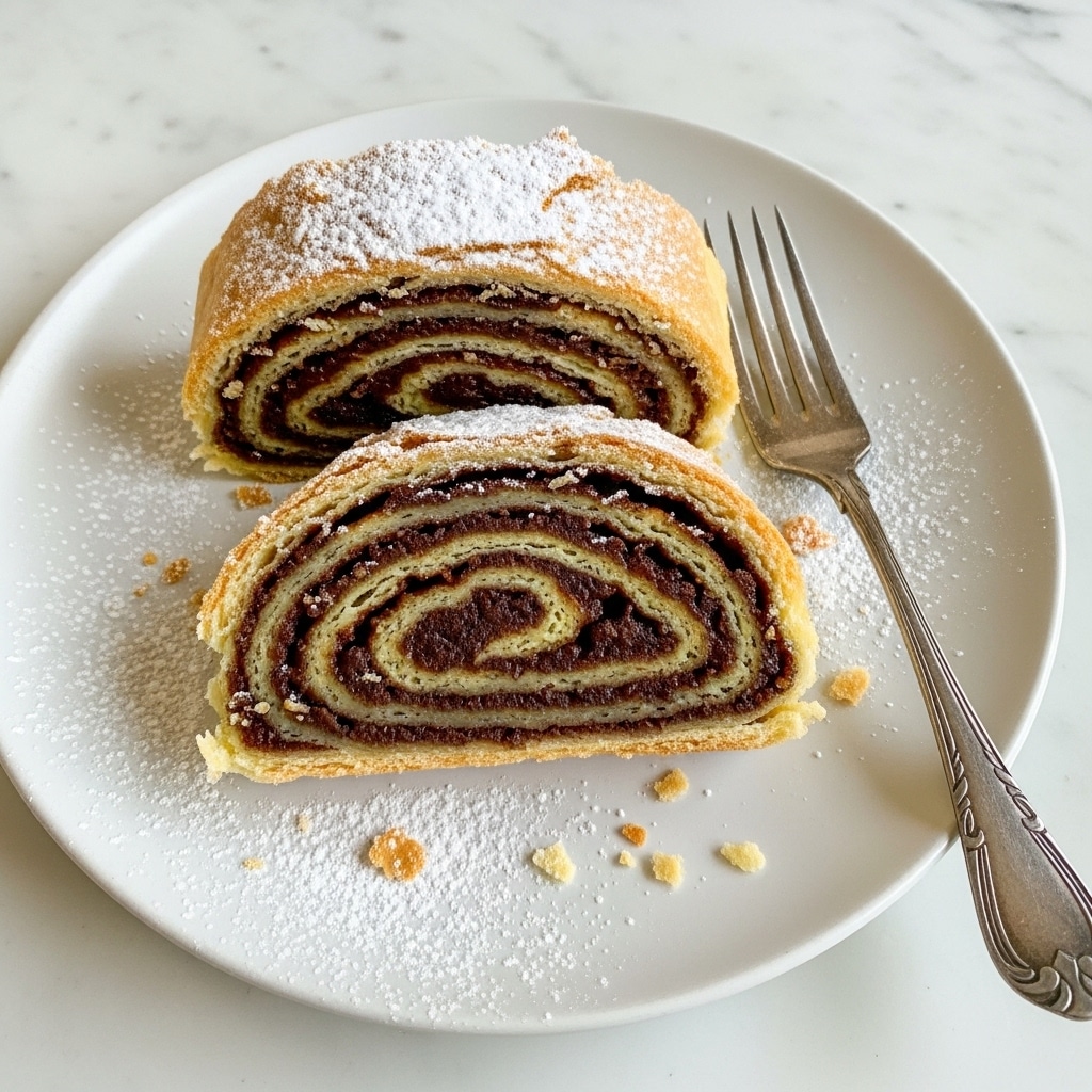 Two slices of a rolled pastry dessert are placed side by side on a white plate; each slice has multiple layers of thin, golden-brown dough swirled with a rich, dark brown filling. The outer crust is lightly dusted with white powdered sugar, some of which is scattered around the plate along with a few small crumbs. The texture of the pastry looks flaky and crisp, and the darker inner layers appear dense and moist. A vintage silver fork lies next to the slices on the plate. The setting is on a white marbled surface. photo taken with an iphone --ar 4:5 --v 7