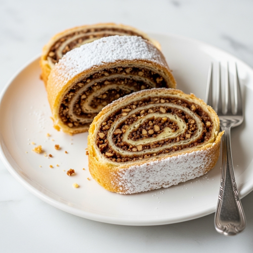 Two slices of nut-filled pastry lie on a white plate, each showing multiple thin layers of golden brown dough rolled tightly around a dark brown, crunchy nut filling. The top edges are dusted with white powdered sugar, and a few crumbs are scattered nearby. A silver fork rests beside the pastry on the plate. The plate is set against a white marbled background. photo taken with an iphone --ar 4:5 --v 7