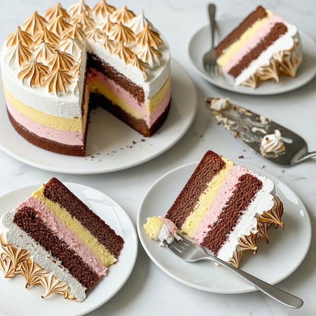 A sliced cake on a white plate shows four thick layers: a dark brown bottom cake layer, a pale yellow creamy layer, a light pink creamy layer, and a top layer of toasted white meringue with golden brown swirls and peaks. Two slices are served on smaller white plates beside the larger plate. One slice has a metal fork resting on the plate with a bit of the toasted meringue on it, and a metal cake server with some remnants of cake and meringue lies nearby. The entire scene is set on a white marbled surface. photo taken with an iphone --ar 4:5 --v 7