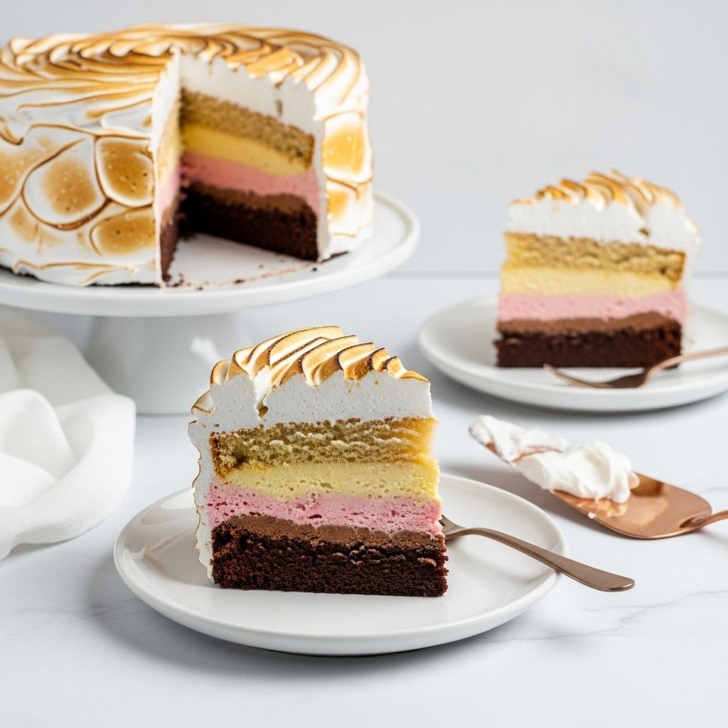The image shows a slice of a layered cake on a white plate with a white marbled texture surface beneath. The cake has four main layers from bottom to top: a dark brown dense base, a light pink creamy layer, a pale yellow creamy layer, and a thick swirling white meringue topping with golden toasted spots. In the background, there is the remaining cake on a white cake stand with the same layers visible inside, and another slice on a white plate with a silver fork beside it. A copper-colored cake server with some white cream is placed on the surface next to the cake. Photo taken with an iphone --ar 4:5 --v 7
