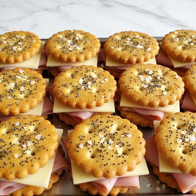 A tray filled with small round sandwich bites shows three main layers: the top and bottom layers are golden-brown crackers sprinkled with poppy seeds and coarse salt, giving a crunchy texture with small holes and scalloped edges. The middle layers include a thin, pale yellow square slice of cheese, and beneath it, a folded layer of thin, light pink ham peeks out slightly. The sandwiches are arranged close together on a metal tray, all uniformly stacked and looking fresh. The background is a white marbled texture. photo taken with an iphone --ar 4:5 --v 7