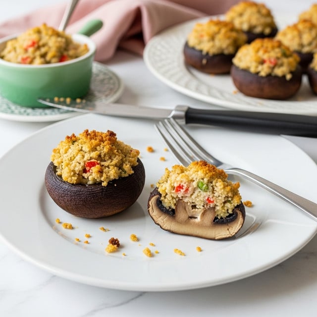 Two stuffed mushrooms sit on a white plate. Each mushroom is dark brown and filled with a crumbly mixture that has small pieces of red and light beige, looking like chopped vegetables and breadcrumbs. One mushroom is whole with its round cap filled, and the other is cut in half, showing the thick cap base beneath the filling. On the plate, there are small bits of the crumbly filling scattered around. A silver fork rests on the right side of the plate, and a knife with a black handle lies near the top of the plate. In the background, there is a larger white plate with more stuffed mushrooms and a small green ramekin holding extra filling, placed on a decorative holder. Behind all this, a folded pink cloth napkin lies on a white marbled surface. photo taken with an iphone --ar 4:5 --v 7