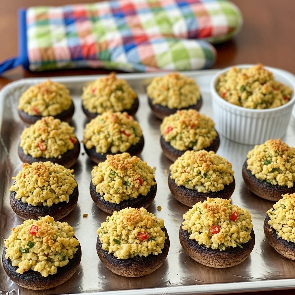 A tray lined with shiny silver foil holds twelve stuffed mushrooms arranged in a loose grid. Each mushroom base is dark brown and textured, topped generously with a crumbly stuffing mixture that is pale yellow with visible small bits of green herbs and red diced vegetables. The stuffing looks slightly golden and crispy on top. The tray itself sits on a wooden surface blurred in the background, and a colorful checkered oven mitt is out of focus behind it. To the side, there is a small white ramekin filled with the same crumbly stuffing mix. photo taken with an iphone --ar 4:5 --v 7