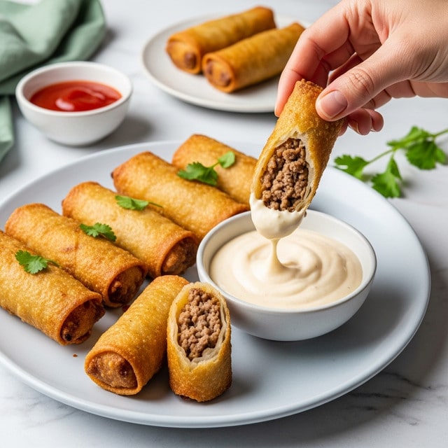The image shows seven golden-brown crispy spring rolls arranged on a large white plate with a light blue texture. One spring roll is cut open, revealing a filling of finely chopped meat with a slightly darker brown color inside. Next to the spring rolls is a small white bowl filled with creamy white dipping sauce. A woman's hand is holding one spring roll dipped halfway into the sauce, with the sauce thickly coating the end. In the background, a small white bowl of red sauce sits on a white marbled surface, along with a small white plate holding one whole spring roll and some green napkins. photo taken with an iphone --ar 4:5 --v 7